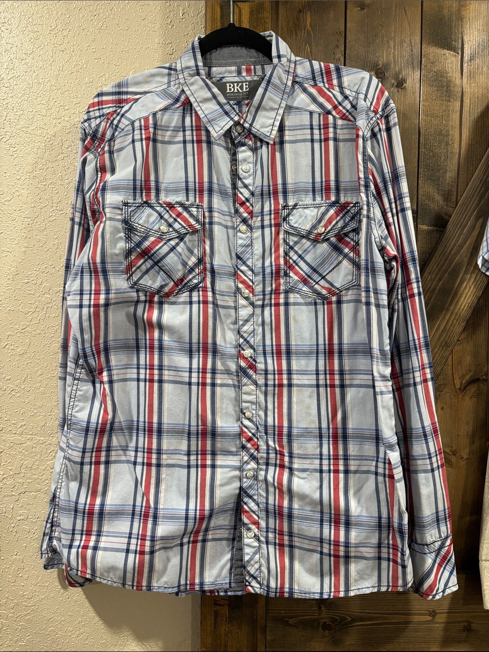 BKE Men’s Red, White & Blue Plaid Button-Down Shirt